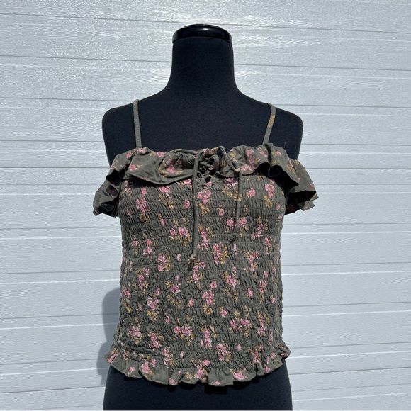 American Eagle Green Smocked Floral Crop Tank Top, XL - Picture 1 of 9